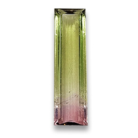Large baguette bi-color tourmaline from Brazil.  This lively green to pink bi color tourmaline rectangle is well-cut and untreated.